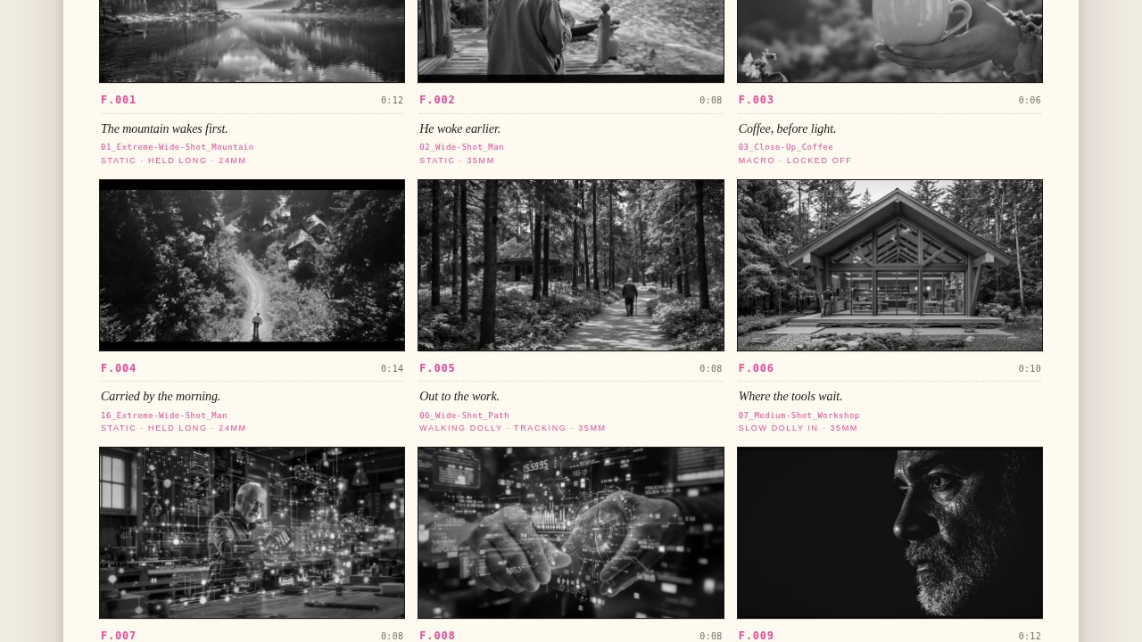 Brief: a locked storyboard of black-and-white frames with shot notes