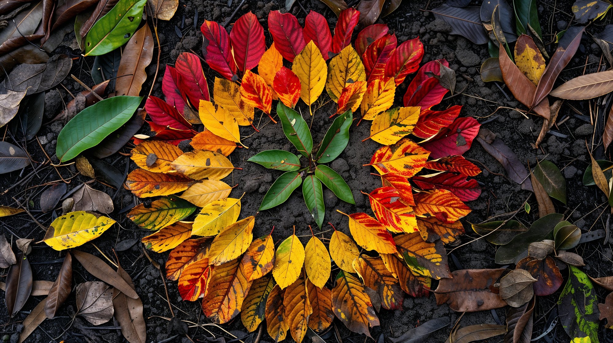 A mandala of red, gold and green leaves arranged on the forest floor, a still from The First Artist