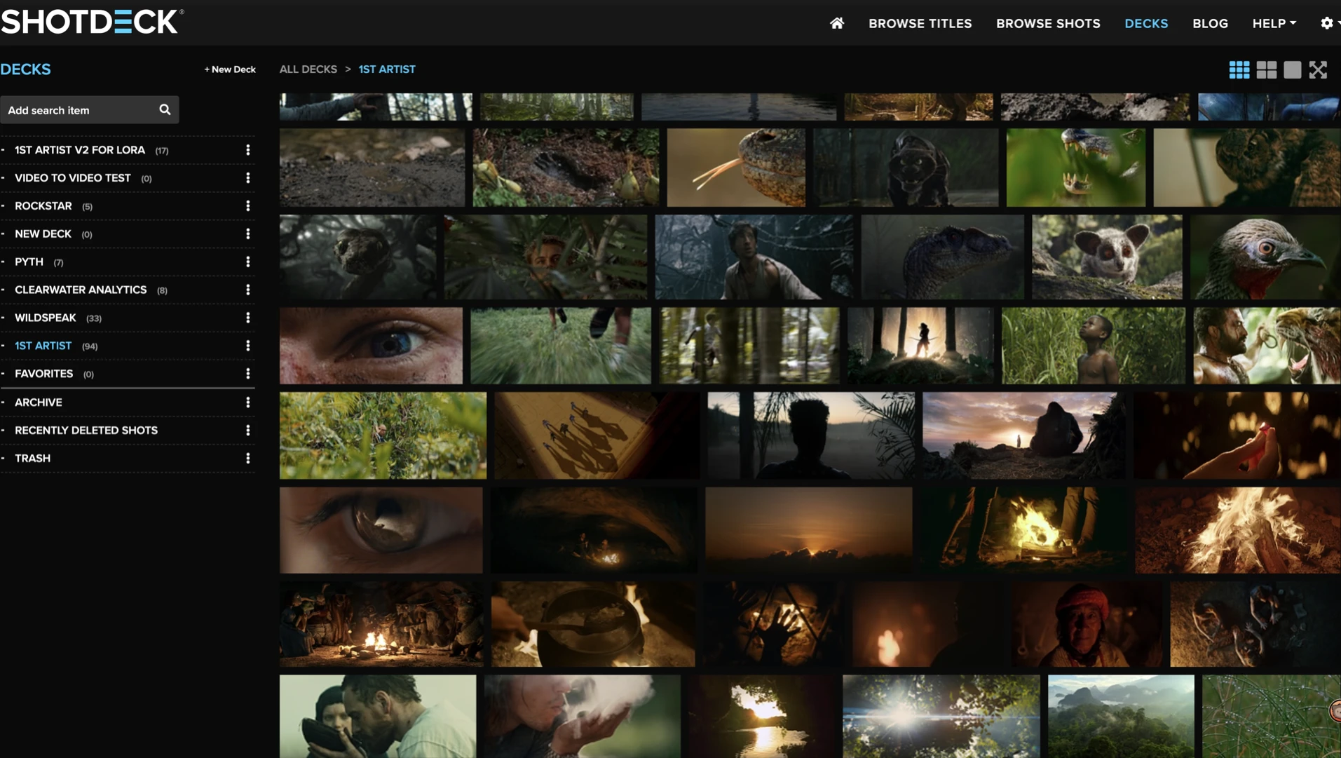 Shot Deck interface showing reference frames for The First Artist