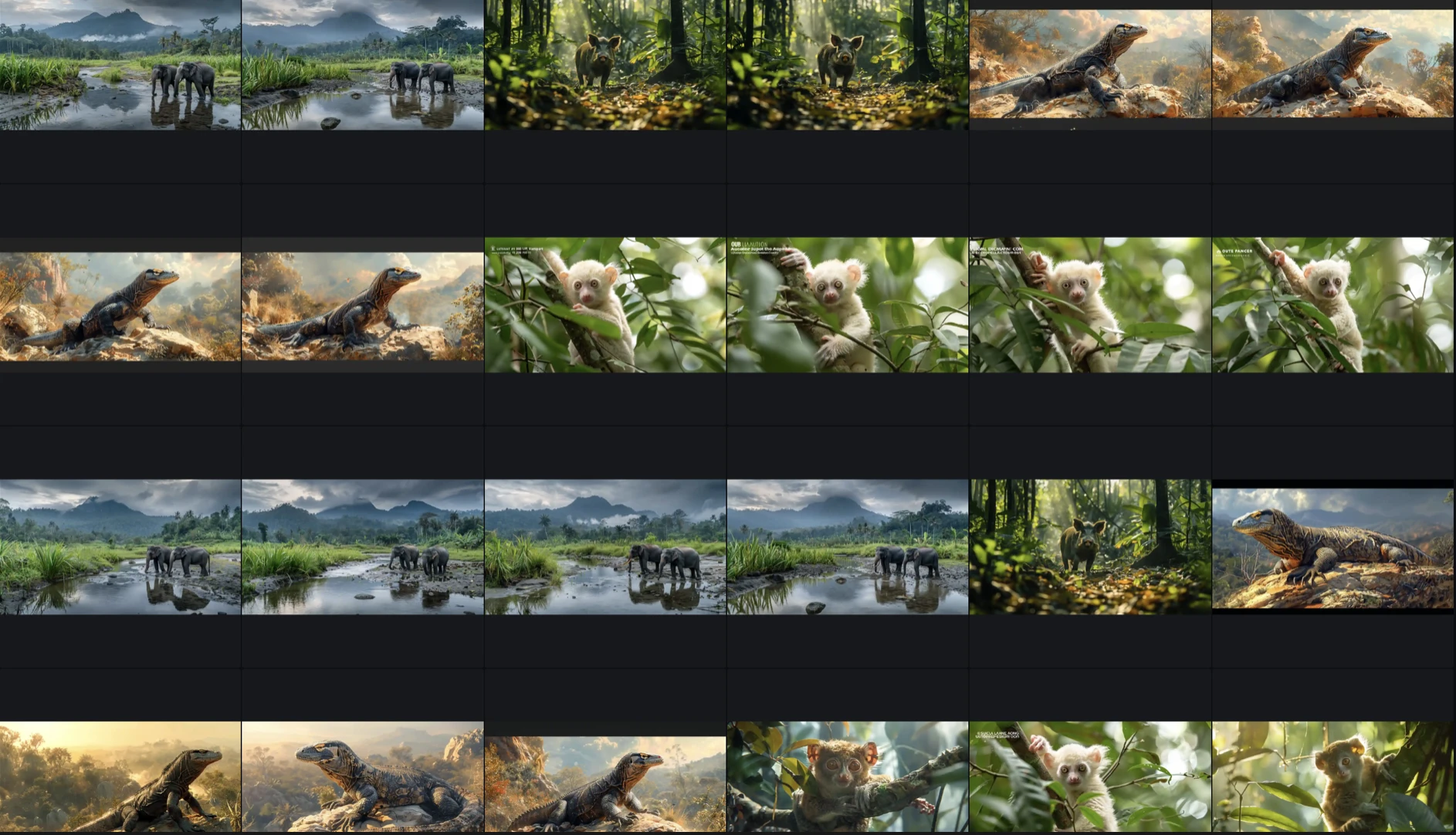 Rows of AI-generated prehistoric Sulawesi landscape and fauna iterations