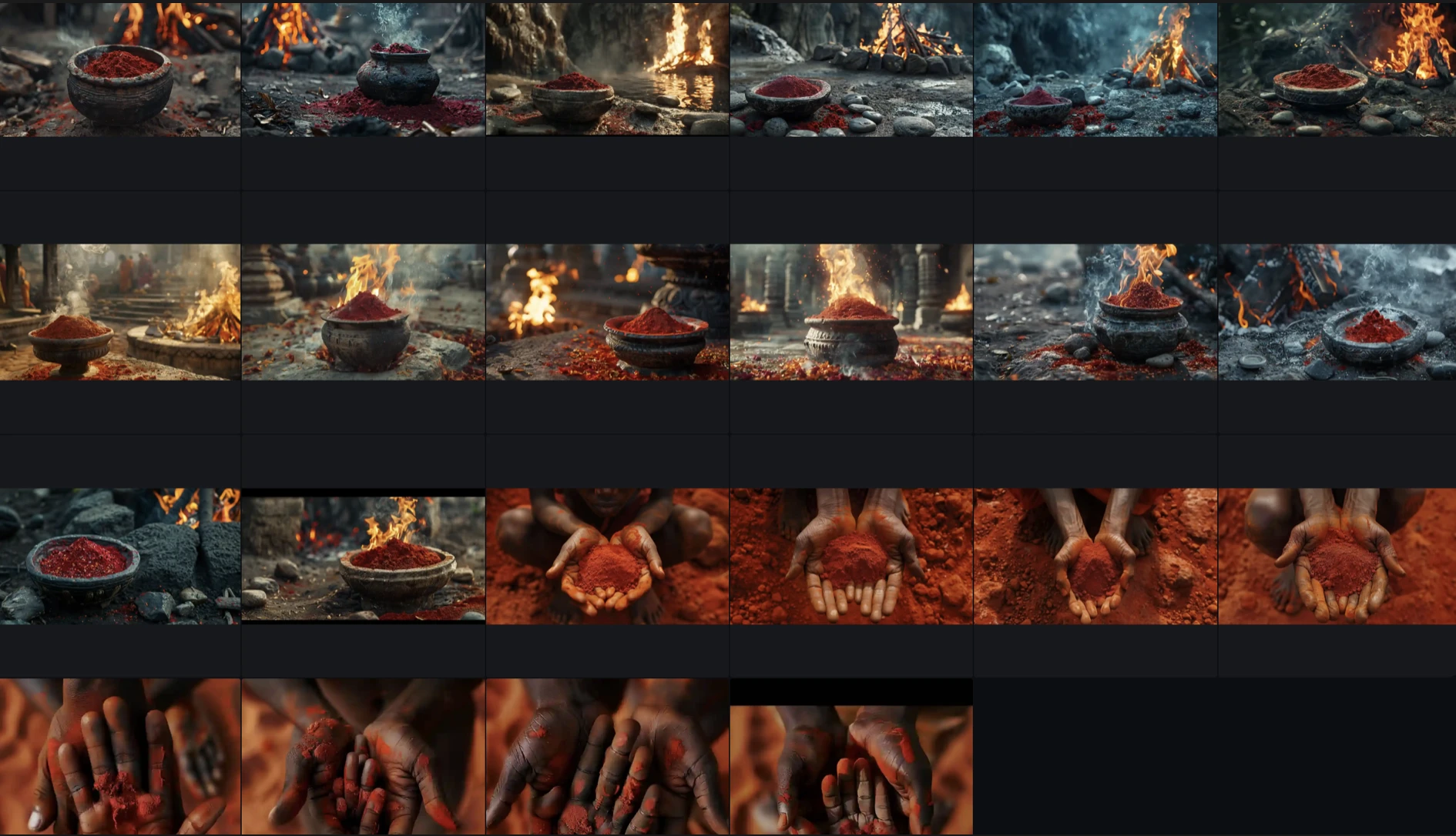 AI-generated cave fire and ochre bowl scenes