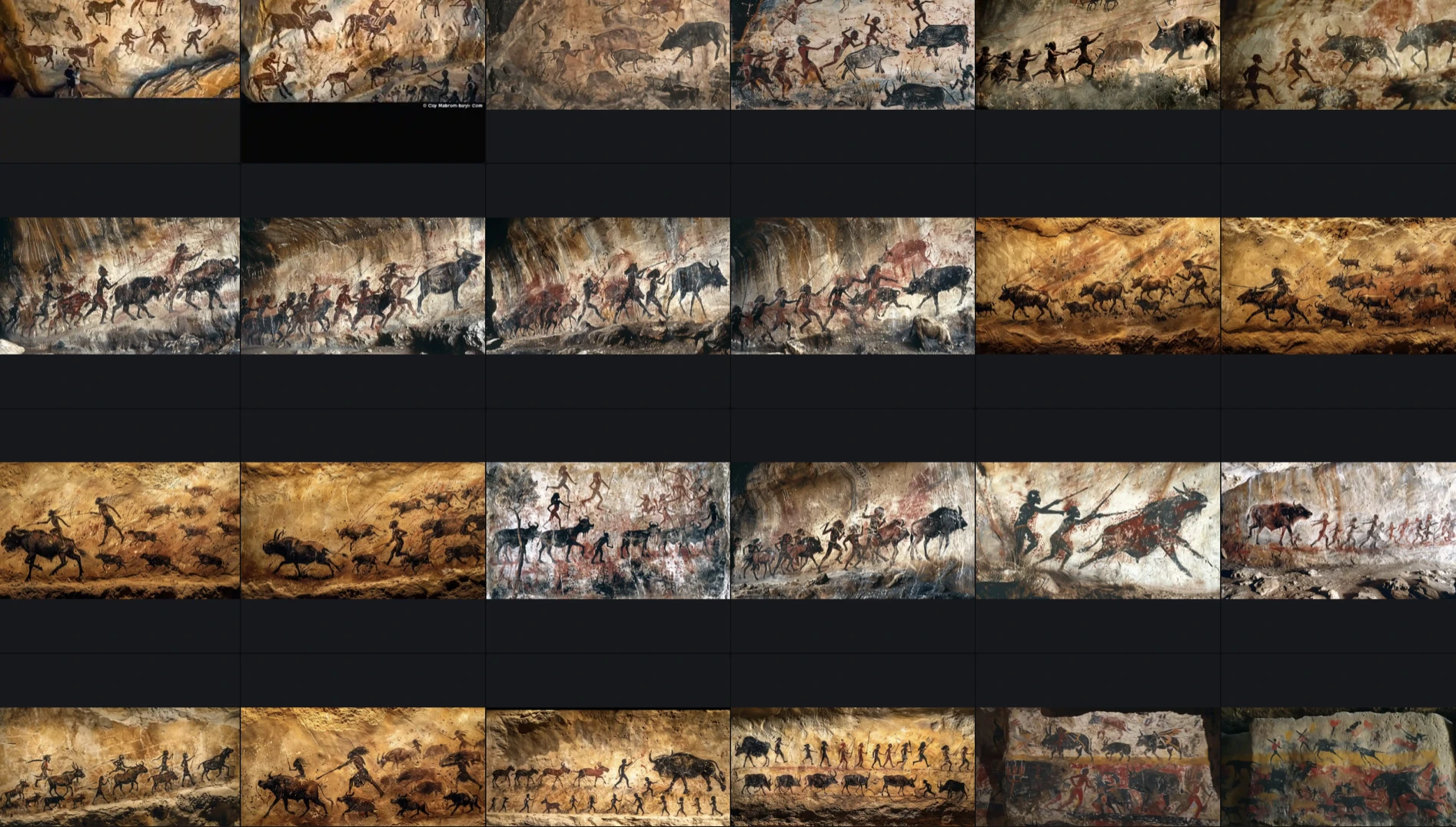 AI-generated cave painting hunting scene iterations