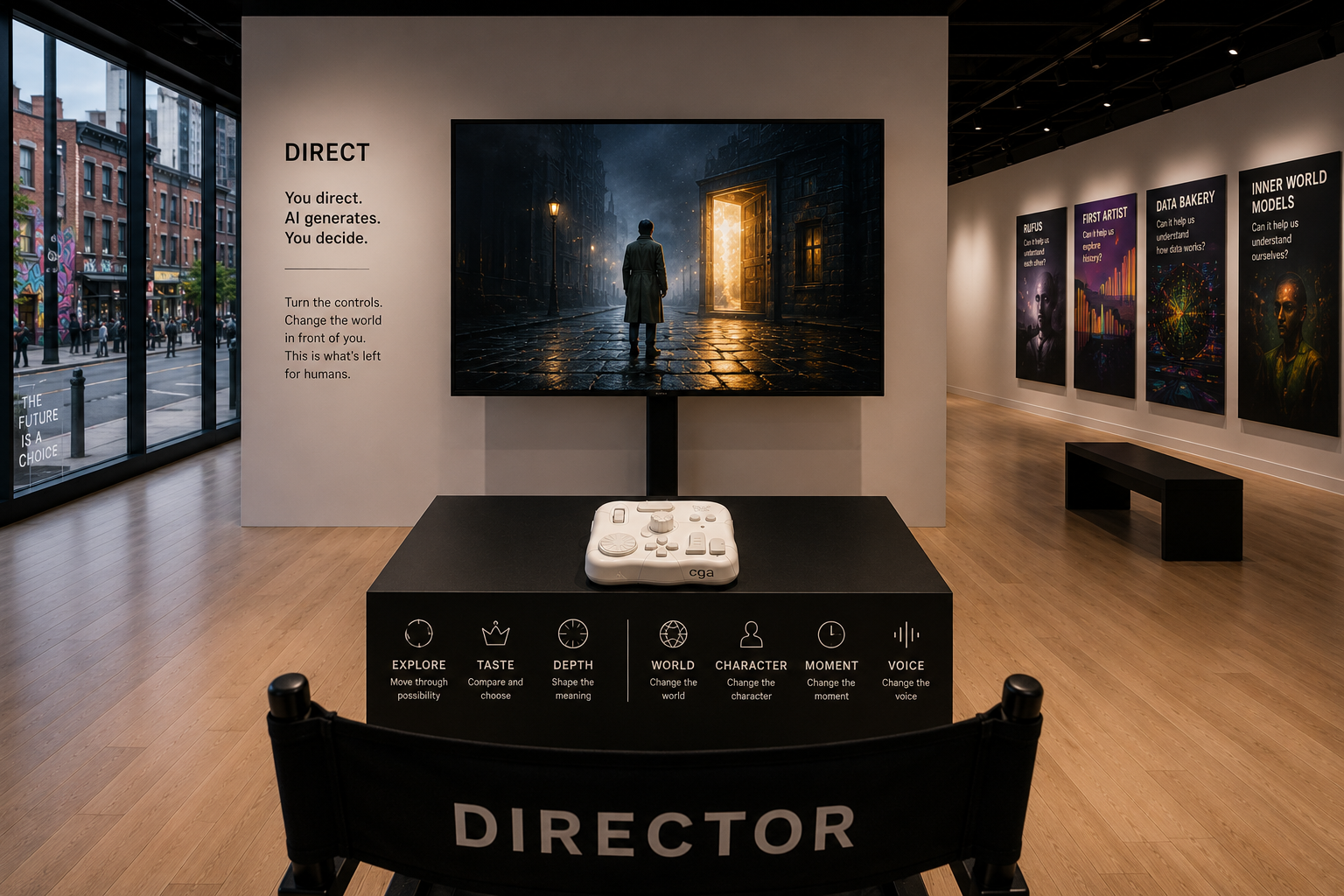 The DIRECT station: the console on the table, the director&rsquo;s chair, and the wall reading You direct. AI generates. You decide.