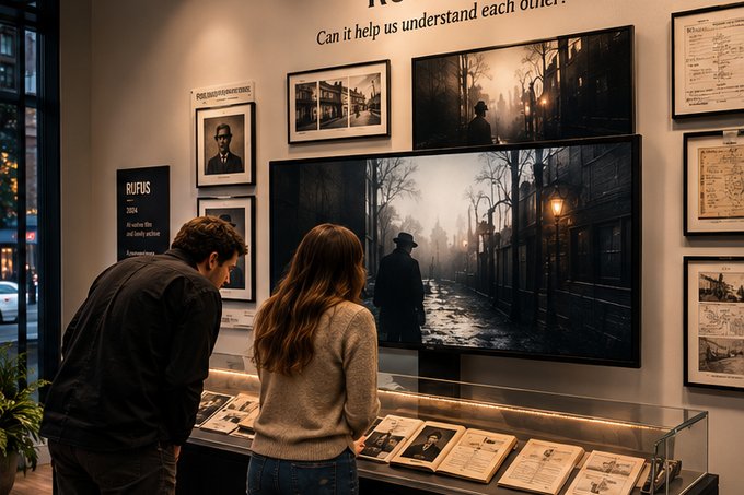 The Rufus exhibit: the film playing above the case with the research and the two photographs.