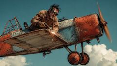 Storyboard frame: welder building a rusted biplane in flight