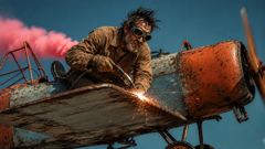 Storyboard frame: welding mid-flight with pink smoke