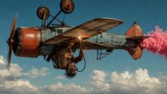 Storyboard frame: welding the plane upside down