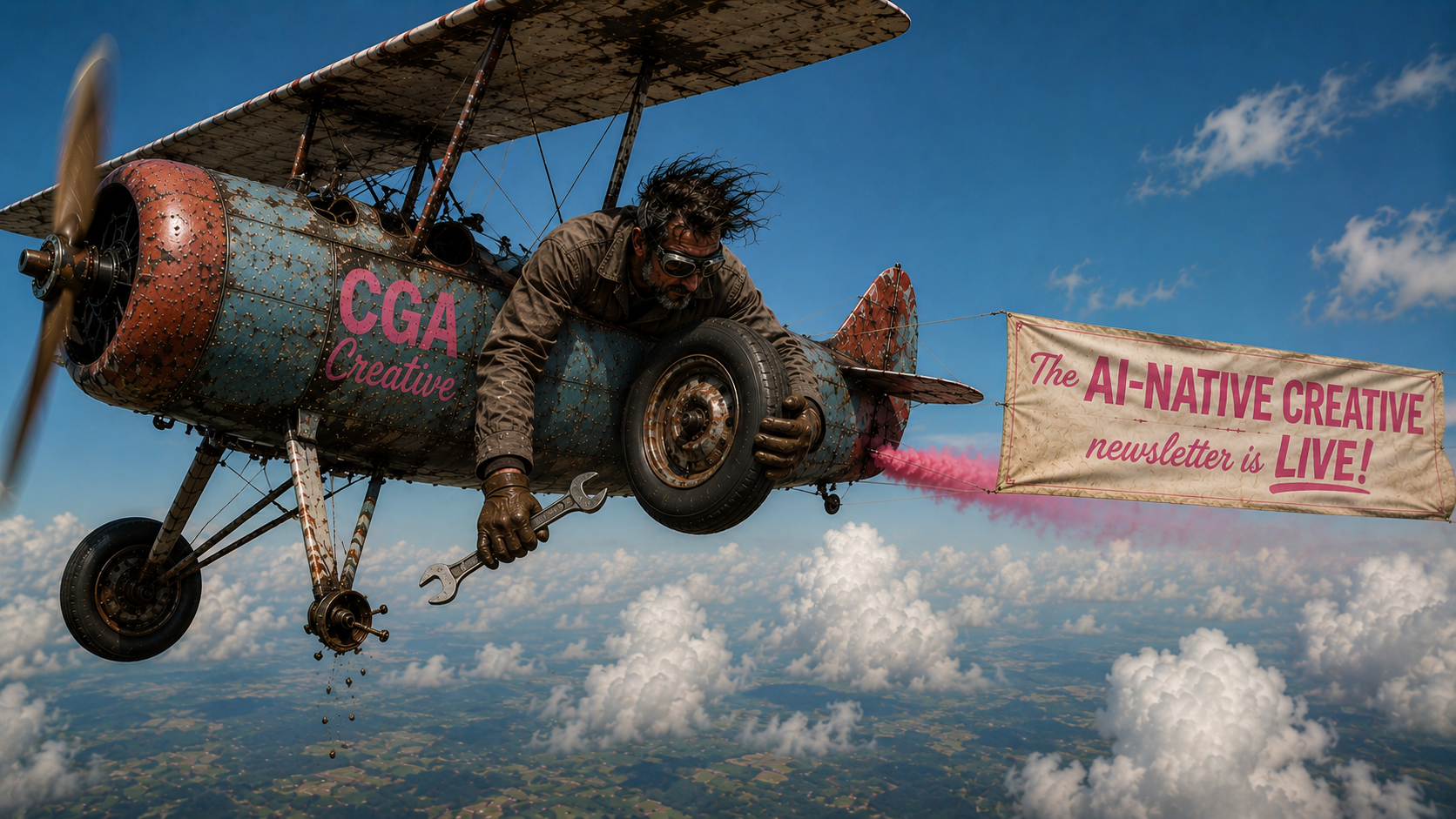 Issue 01 — plane towing the AI Native Creative newsletter banner