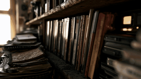 A slow drift along a wooden shelf holding worn notebooks, labeled tapes, cases, and books in warm window light