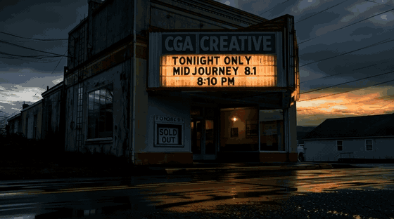 The Midjourney 8.1 test reel: a small-town movie theater marquee reading CGA Creative, Tonight Only: Midjourney 8.1