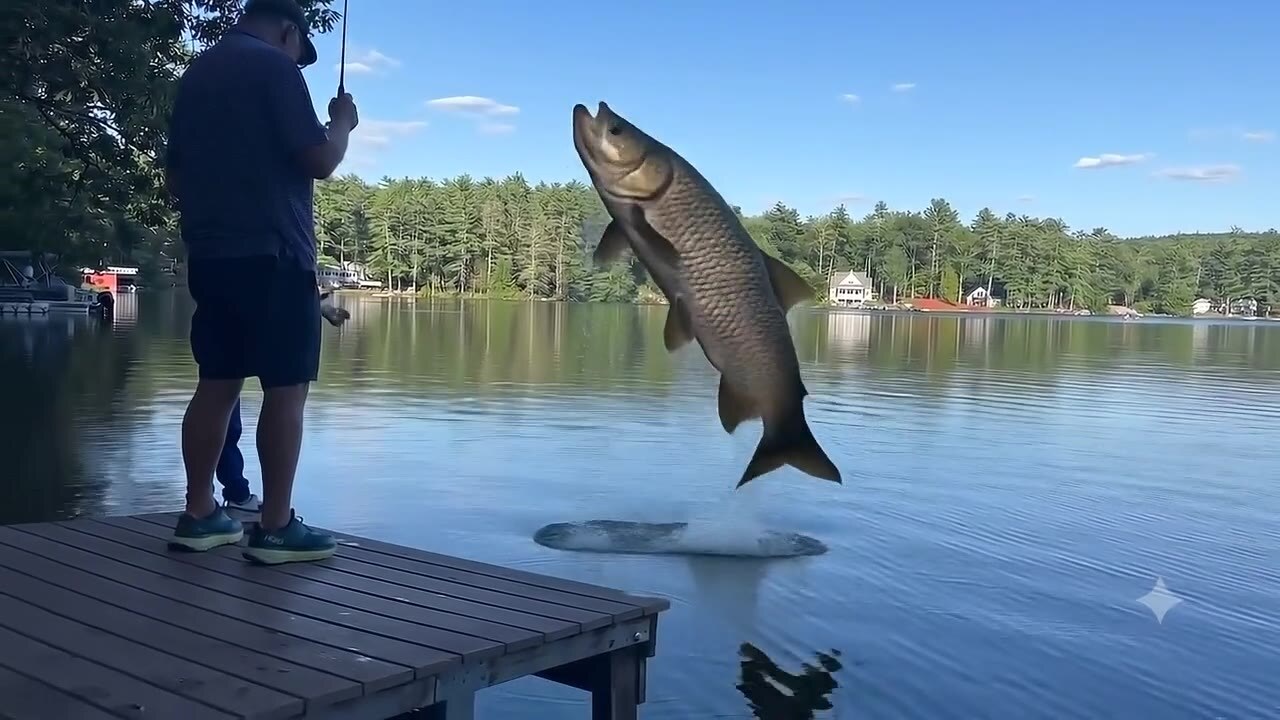 Test 02, Omni: a huge fish airborne over the water in front of the dock