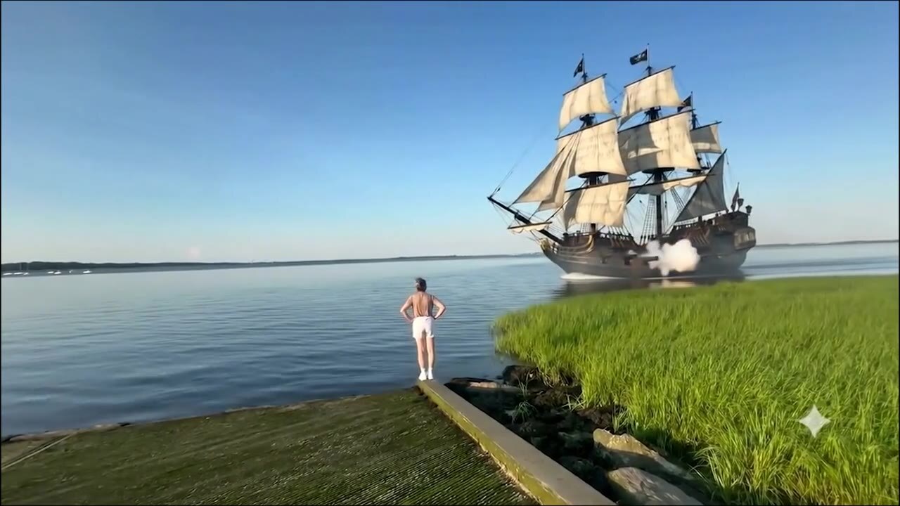 Test 04, Omni: a full-rigged pirate ship firing its cannons close to shore