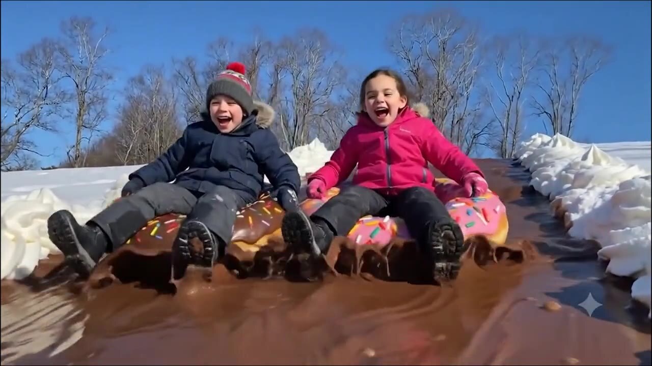 Test 05, Omni: kids riding giant donuts down a river of chocolate