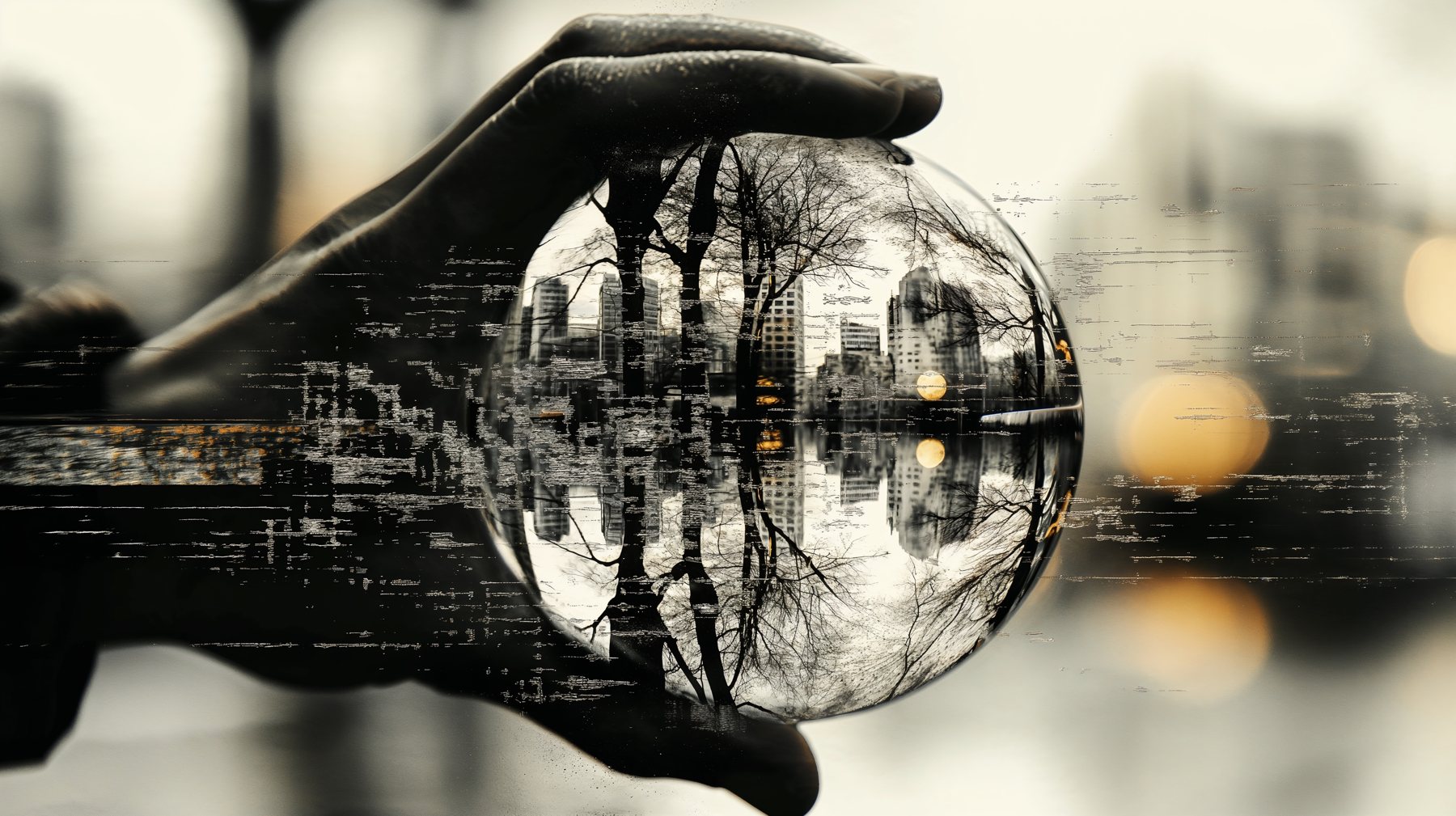 A hand holding a glass orb with a city inside it